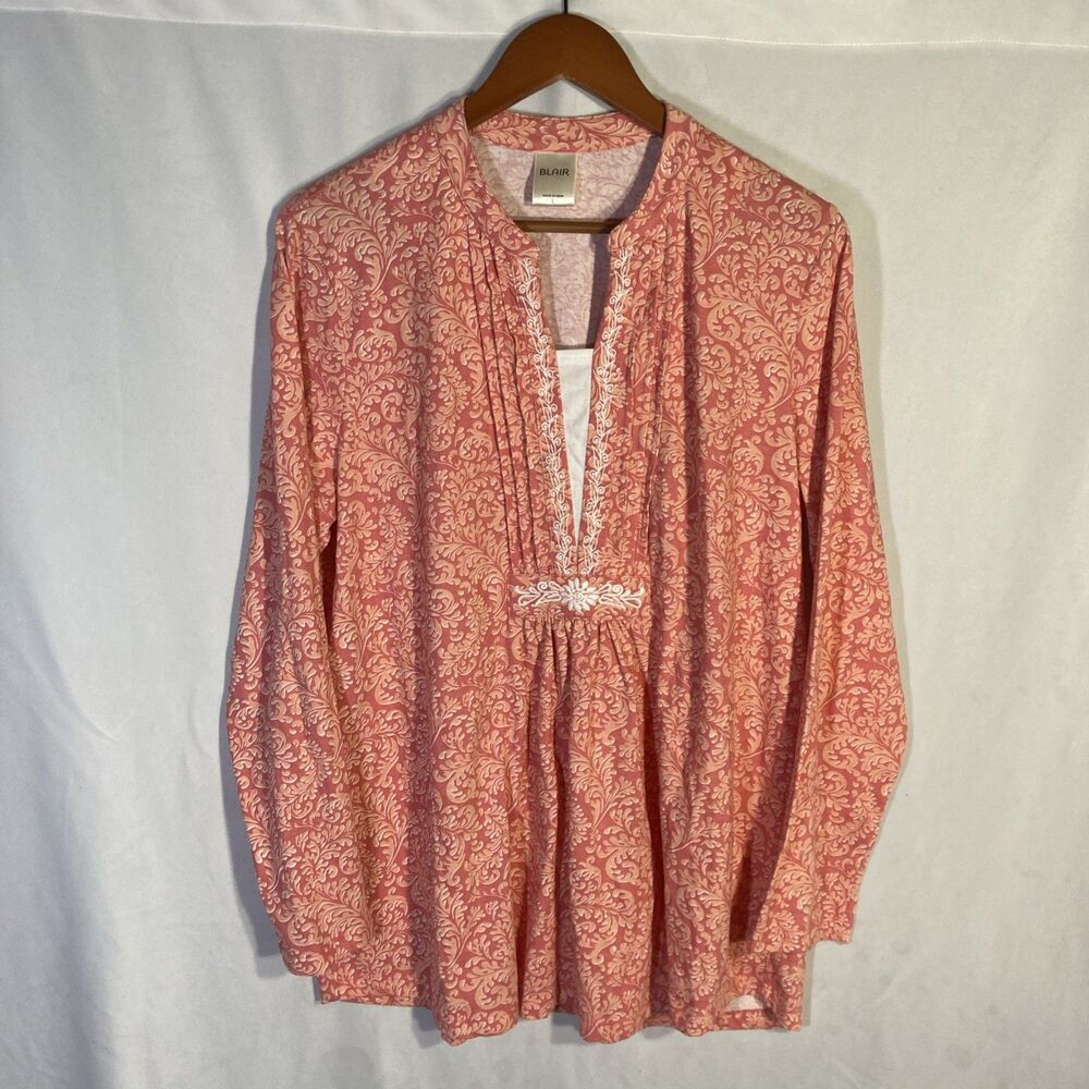 BLAIR pink floral v-neck embroidered long sleeve knit top L